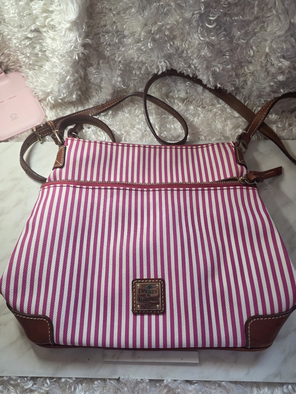 Dooney & Bourke Pink and White Striped Crossbody with Brown Trim